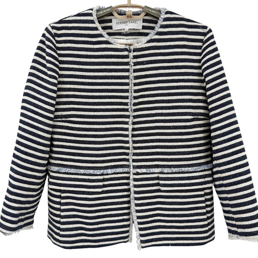 Gerard Darel Striped Fringe Blazer lady Jacket Navy Cream Size 38 EU (US 6)